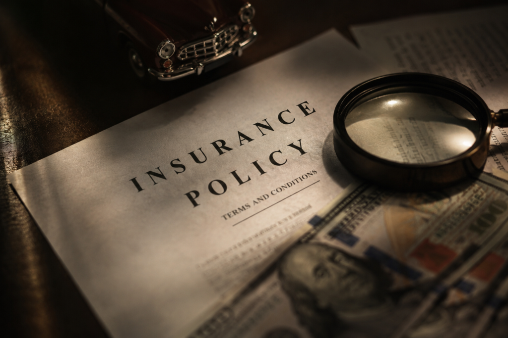 A magnifying glass rests on an insurance policy document beside a toy car and scattered U.S. hundred dollar bills, suggesting review or analysis of car insurance finances.